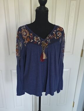Sundance Navy Embroidered V-Neck Tunic with Tassels